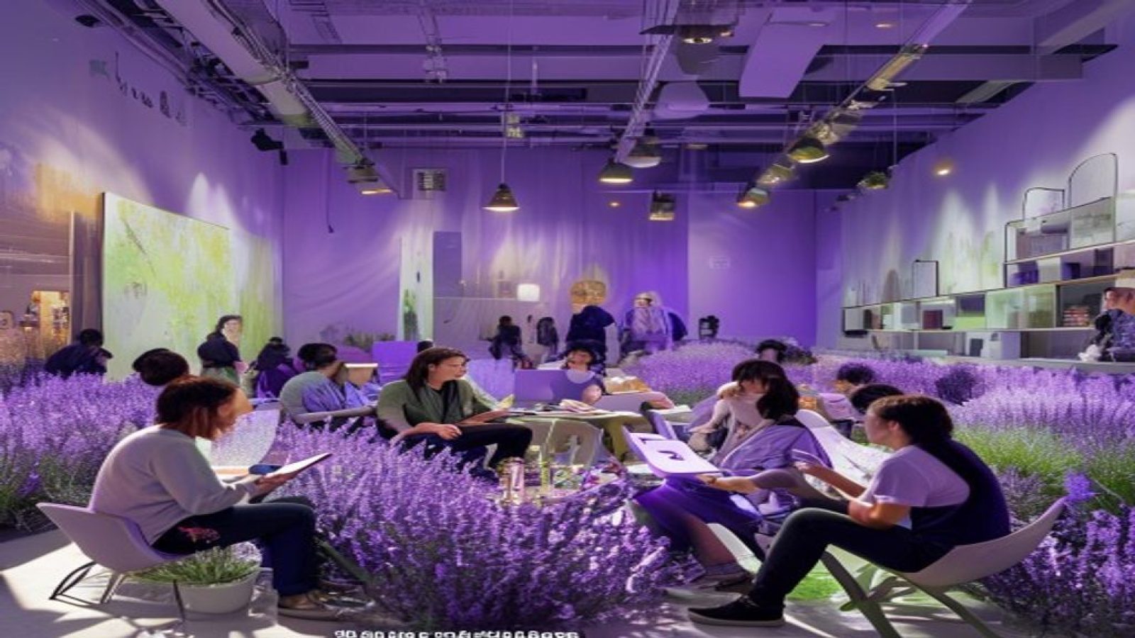 cy社区创意青年聚集地全景横幅，薰衣草紫与薄荷绿渐变氛围，年轻创作者们手持画板与相机围坐交流，光线温暖充满活力