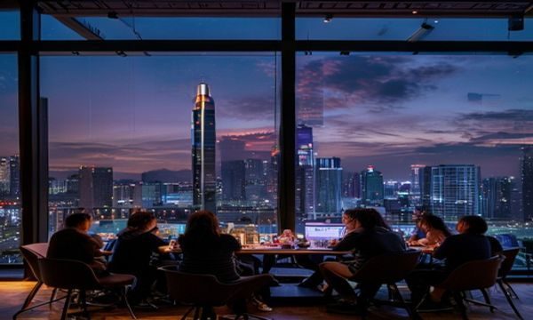 cy社区线下创意见面会上海站现场照片，青年创作者们围坐长桌交流作品，背景是落地窗与城市夜景